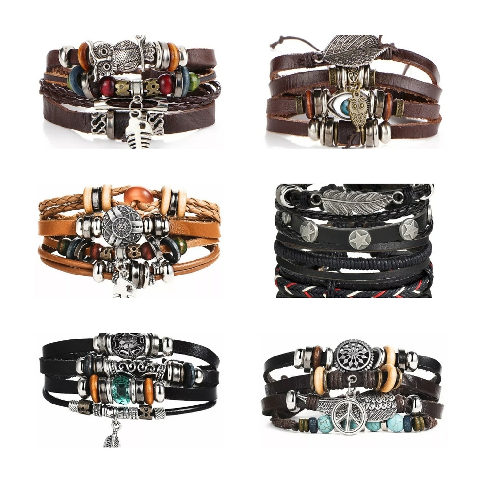Set of 5 Trendy unisex leather bracelets